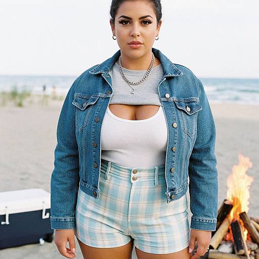 Photograph of a curvy woman with medium brown skin, black hair in a bun, wearing a denim jacket, white tank top, and plaid