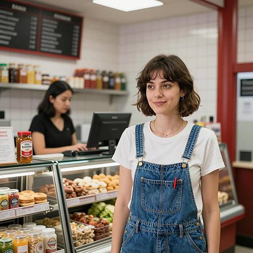 Woman in Denim Overalls at Deli Counter