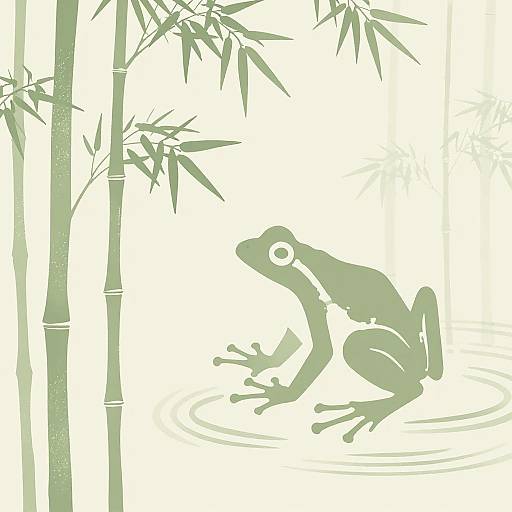 Monochromatic green silhouette of a frog crouching by water, surrounded by bamboo stalks, with ripples in the foreground. Digital illustration.