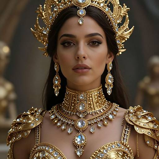 Photorealistic digital image of a dark-haired woman with a regal, golden crown and jewelry adorned with large, sparkling crystals, wearing an ornate