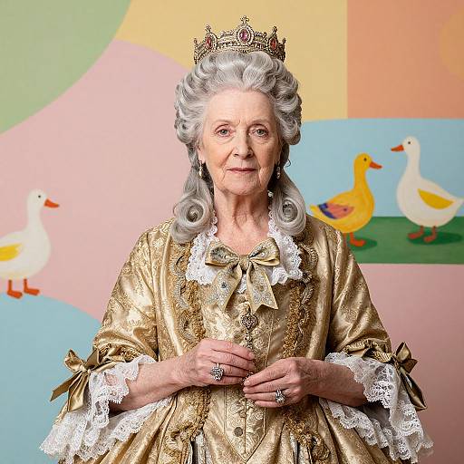Photograph of an elderly white woman with silver curls, wearing a gold lace gown and crown, standing against a colorful, cartoon duck backdrop.
