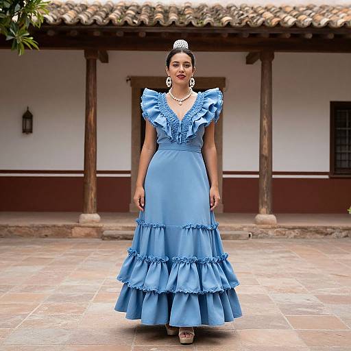 Woman in Blue Spanish Ruffle Dress
