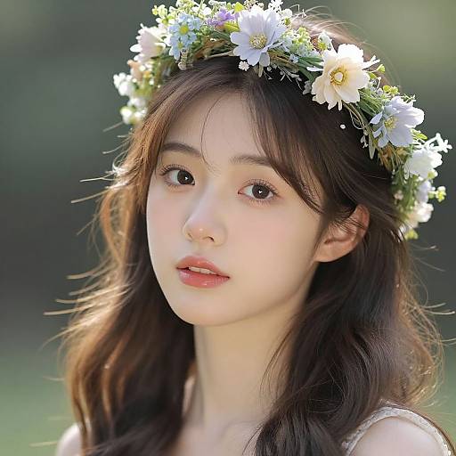 Photograph of a young Asian woman with fair skin, wearing a white flower crown, soft brown hair, and a white dress, gazing gently into