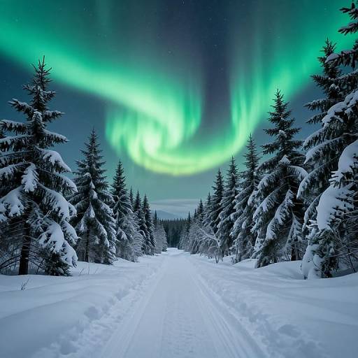 Photograph of a snow-covered forest path at night, flanked by snow-laden evergreen trees, with vibrant green Northern Lights dancing in the sky