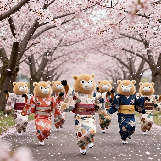 Photograph of six fluffy Shiba Inu dogs in traditional Japanese kimonos, running down a cherry blossom-lined path, petals falling.