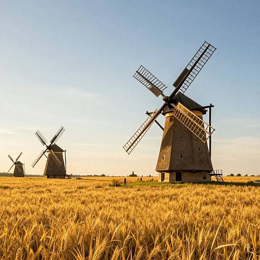 Photograph of two traditional windmills with large, black, wooden blades standing in a golden wheat field under a clear blue sky.