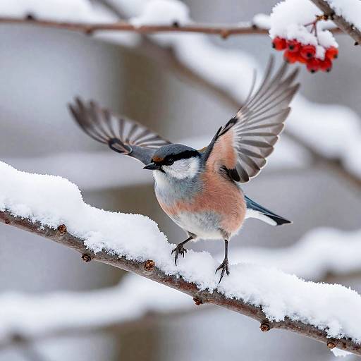 Opal-Gray Bird on Snowy Beech Branch
