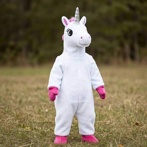 Photograph of a white plush unicorn costume with pink accents, standing on grassy field, against blurred forest background.