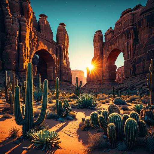 Sunset Desert with Sandstone Arches and Bioluminescent Cacti Sunset Desert with Sandstone Arches and Bioluminescent Cacti