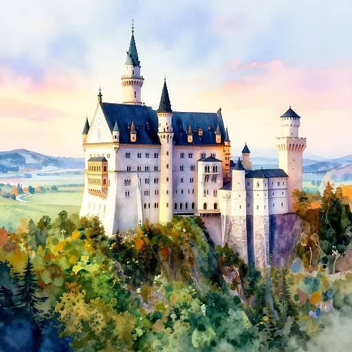 Digital painting of a majestic, white-castle with black spires, surrounded by lush green and autumnal forest, against a blue sky.