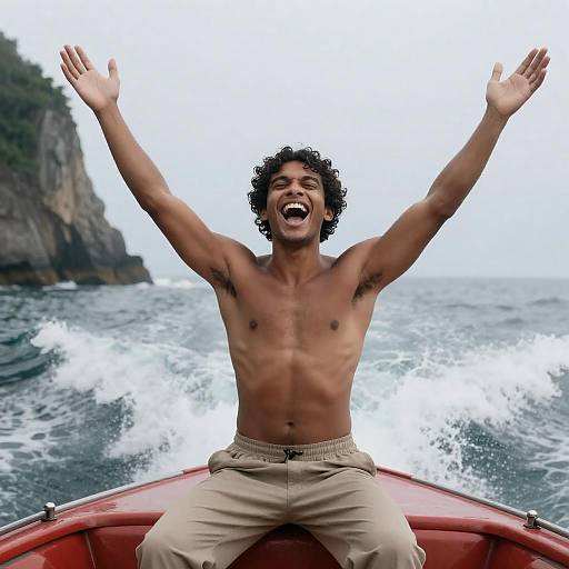 Joyful Shirtless Man in a Boat