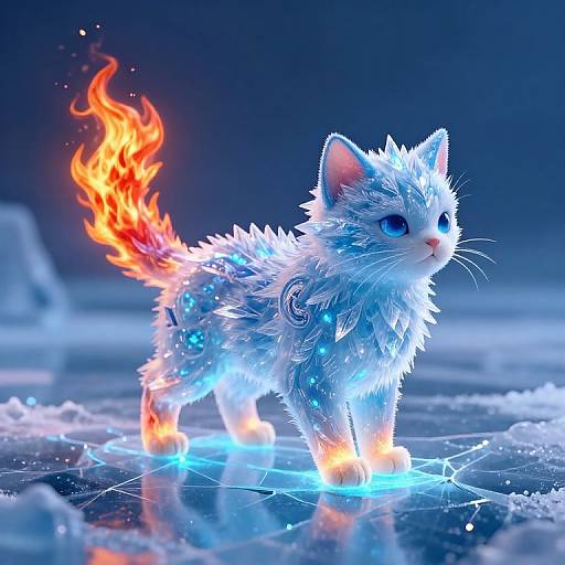 Digital artwork of a glowing, blue-furred cat with a fiery tail, standing on a magical, ice-covered floor with blue runes.