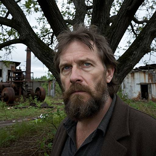 Photograph of a rugged, bearded man with blue eyes, wearing a dark jacket, standing in front of a large tree in an overgrown,