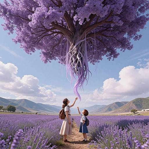 Digital illustration of a woman and child touching a magical, purple-blossomed tree with hanging roots, standing in a lavender field with mountains and blue sky