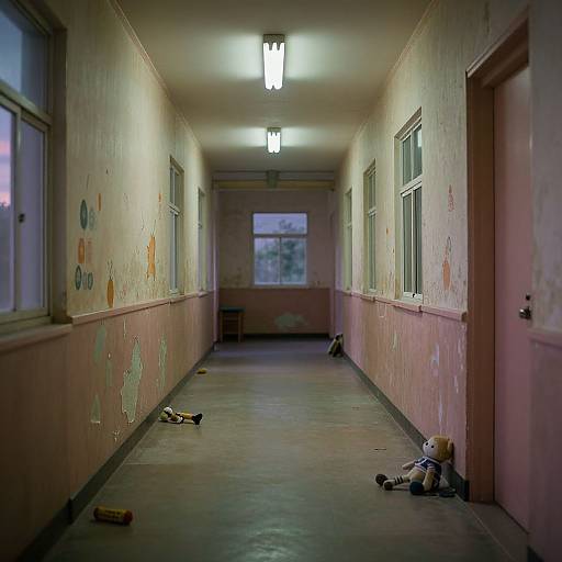 Photograph of a deserted, dimly-lit hallway with peeling pink paint, broken toys on the floor, and worn walls. Fluorescent