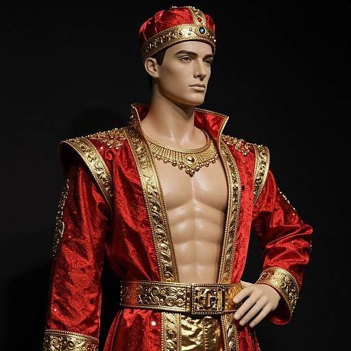 Photorealistic CGI of a muscular, fair-skinned male model in a red, gold-embroidered royal robe and matching hat, exposing his