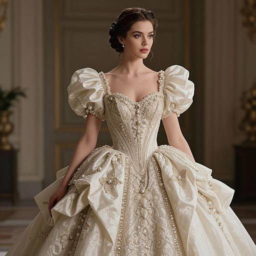 Photograph of a fair-skinned woman with dark hair in an elaborate, cream-colored, Victorian-style ball gown with puffed sleeves and intricate embroidery,