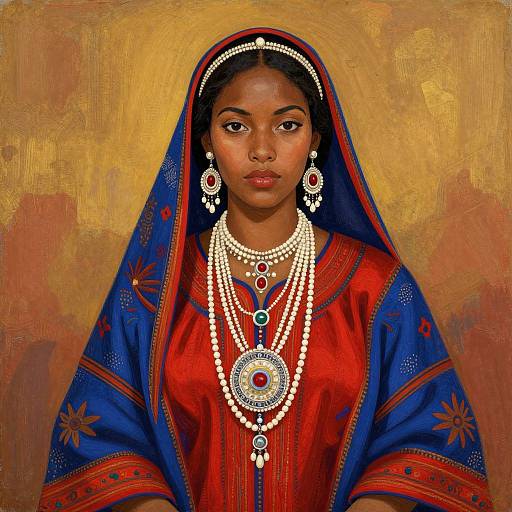 Digital painting of a young Indian woman in traditional attire, wearing multiple pearl necklaces, ornate earrings, and a blue-red sari with gold background