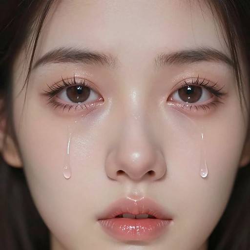 Close-up photograph of a young Asian woman with tears streaming down her cheeks, large brown eyes, and glossy pink lips, against a dark background.