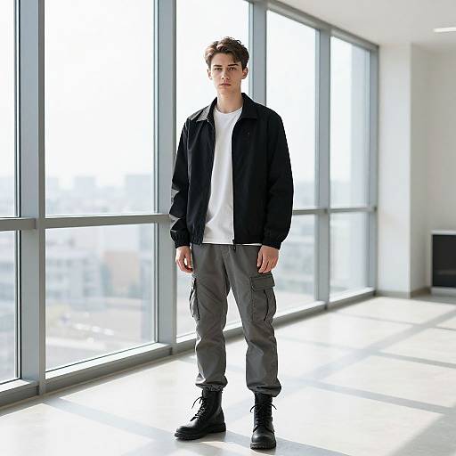 Photograph of a young man with short dark hair, wearing a black jacket, white t-shirt, gray cargo pants, and black boots, standing in