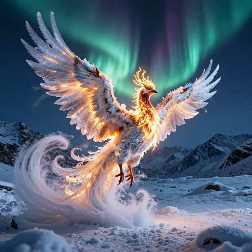 Ice Phoenix Soaring Under Aurora Borealis