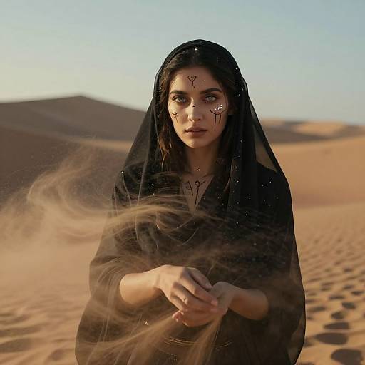 Photorealistic digital art of a young woman with dark hair, wearing a black veil, marked with tattoos, standing in a desert with sand dunes