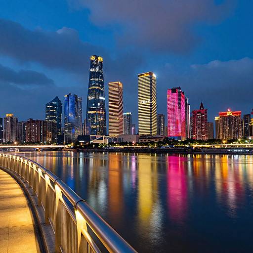 Photograph of a vibrant city skyline at night, featuring brightly lit skyscrapers with neon reflections on a calm river, and a curved, illuminated walk