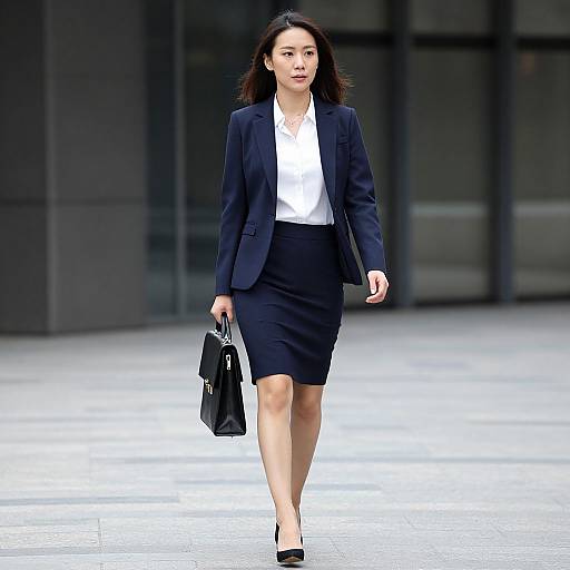 Photograph of an Asian woman with shoulder-length black hair, wearing a navy blazer, white blouse, black skirt, and black heels, walking confidently