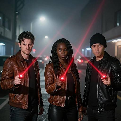 Three People Holding Red Laser Pointers at Night