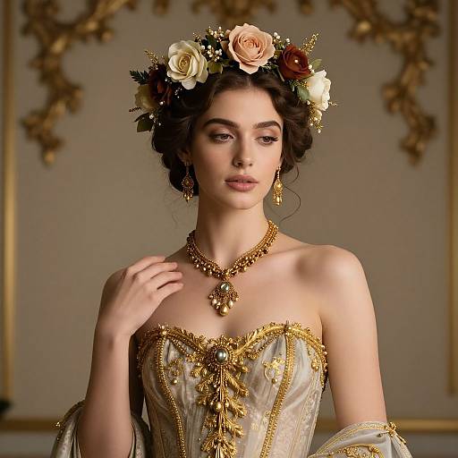 Photograph of a fair-skinned woman with dark hair in an elaborate floral headpiece, wearing a gold-accented, strapless, beige gown