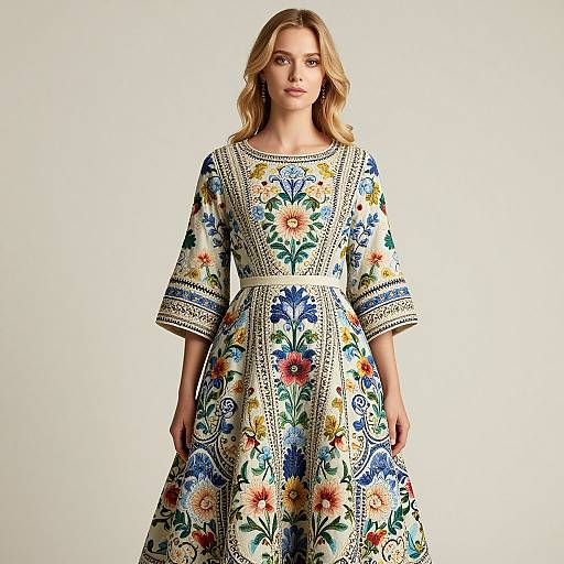 Photograph of a blonde woman in a colorful, floral embroidered dress with three-quarter sleeves, standing against a plain white background.