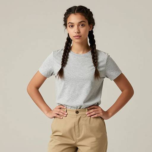 Photograph of a young woman with medium brown skin, dark braided hair, wearing a gray t-shirt and beige pants, standing confidently with hands on