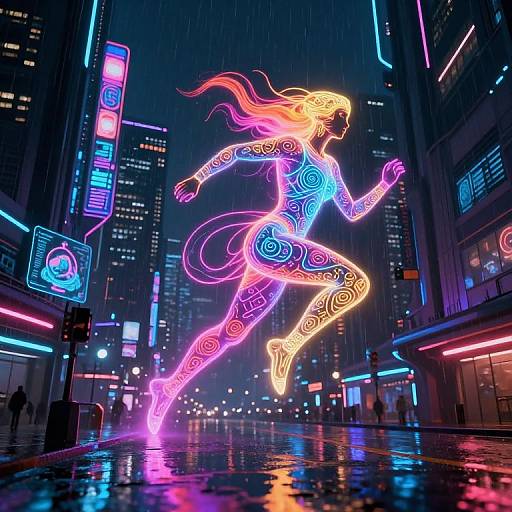 Neon-lit cyberpunk cityscape at night, a glowing, neon-patterned, female runner with flowing hair jumps above a wet, reflective street