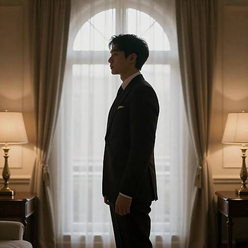 Silhouetted Man in Suit by Arched Window