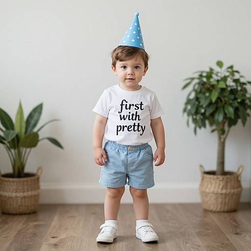 Photograph of a toddler with brown hair, wearing a blue party hat, white 