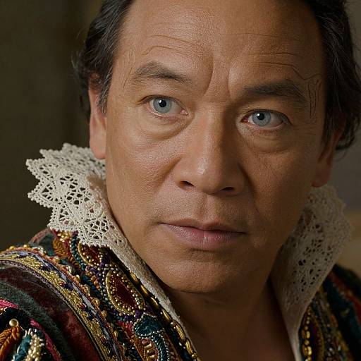 Close-up photograph of an older Asian man with blue eyes, wearing a lace-collared, ornately patterned, dark velvet jacket, gazing