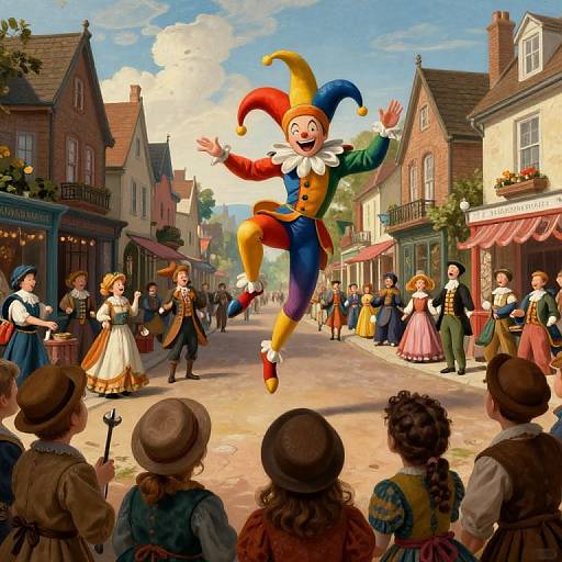 Digital artwork of a colorful jester mid-jump in a vibrant, 19th-century village street, with children and townspeople watching in awe.
