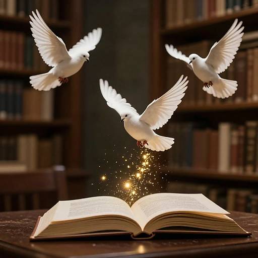 Photograph of three white doves flying over an open glowing book, with sparkling light emanating from its pages, set in a dimly lit library