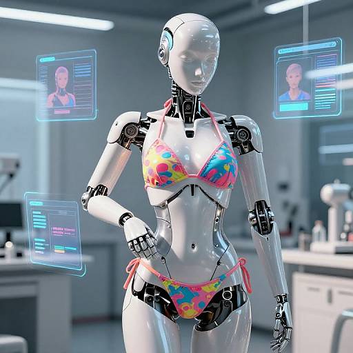Android Removing Bikini in High-Tech Lab
