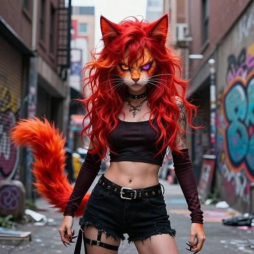 Digital artwork of a fierce, red-haired, anthropomorphic cat-woman with glowing purple eyes, black crop top, denim shorts, and furry tail,