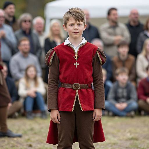 Photograph of a young boy with short brown hair, wearing a red velvet tunic with brown sleeves, a white shirt, and a brown belt,