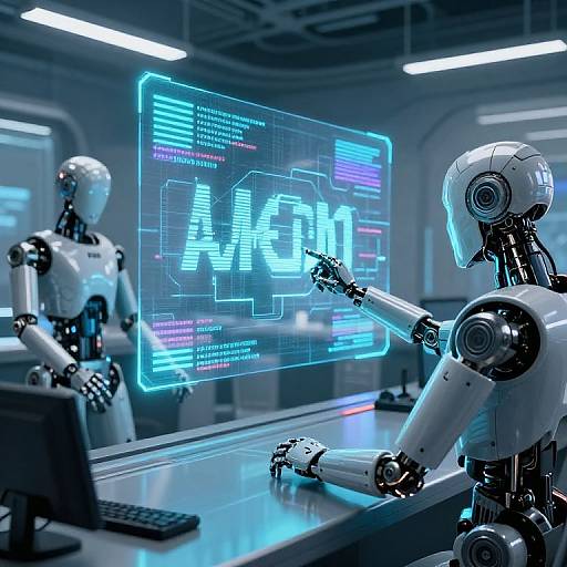 Photograph of two white, futuristic, robotic humans in a high-tech lab, interacting with a glowing blue holographic screen displaying 