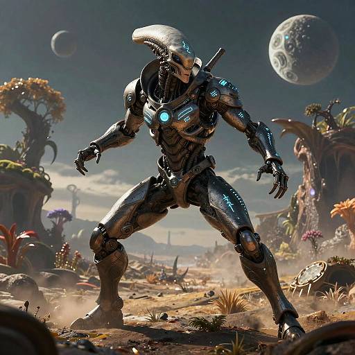 Digital artwork of a glowing, muscular, cybernetic alien with a sleek, black exoskeleton standing in a futuristic, alien landscape with planets and