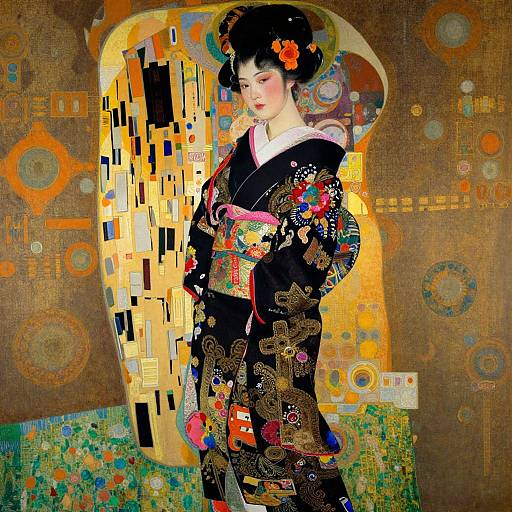 Digital art of a Japanese woman in a vibrant, patterned kimono, standing against a geometric, colorful background with abstract shapes.