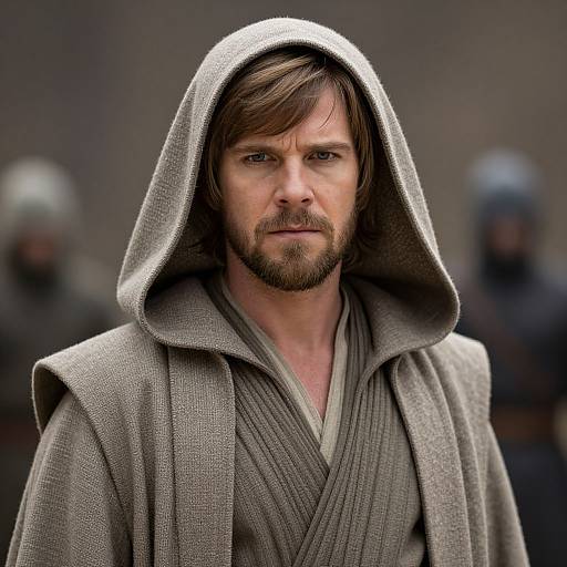 Photograph of a bearded man with brown hair, wearing a gray hooded robe, resembling a Star Wars character, with blurred background and indist