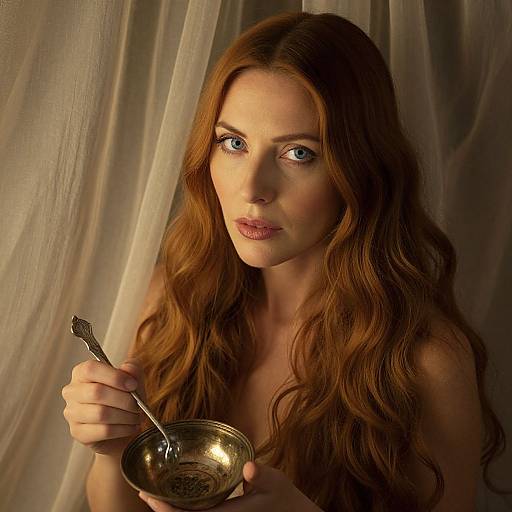 Photograph of a fair-skinned woman with long, wavy auburn hair, blue eyes, holding a silver spoon over a bowl, against