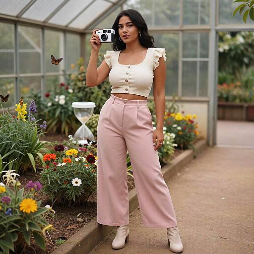 Photograph of a Latina woman with long black hair, wearing a white crop top and pink high-waisted pants, standing in a greenhouse holding a