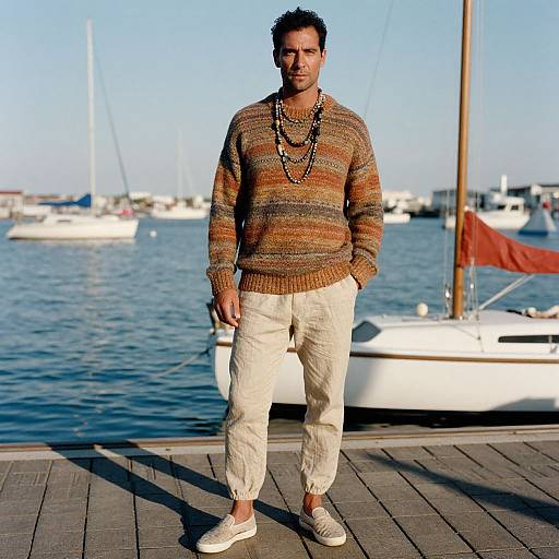 Photograph of a man with short curly hair, wearing a striped brown sweater, white pants, and white sneakers, standing on a wooden dock with mar