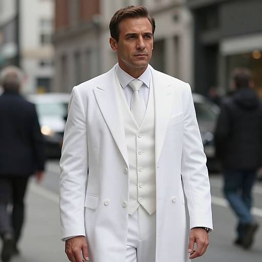 Photograph of a handsome, middle-aged man with short brown hair in a crisp white double-breasted suit, walking on a city street with blurred pedestrians