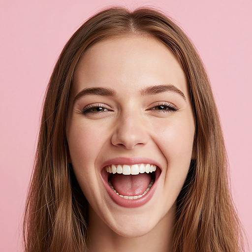 Joyful Woman Smiling on Pink Background